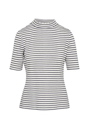Prążkowany top z krótkim rękawem w biało-granatowe paski. Posiada wysoki dekolt i teksturę ribbed. Dopasowany krój z poziomymi paskami.