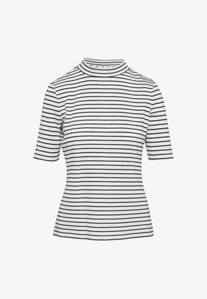 Prążkowany top z krótkim rękawem w biało-granatowe paski. Posiada wysoki dekolt i teksturę ribbed. Dopasowany krój z poziomymi paskami.