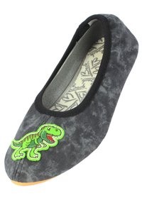 Graue Stoff-Ballettschuhe mit schwarzem elastischem Rand. Mit einer grünen Dinosaurier-Stickerei an der Zehenpartie und einem weichen Innenfutter.