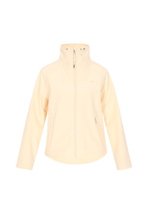 Lys gul zip-up jakke med høj krave og to sidelommer, vist mod en ensfarvet hvid baggrund.