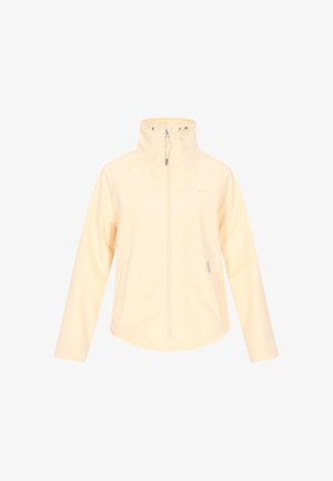 Šviesiai geltona zip-up striukė su aukštu apykakle ir dviem šoninėmis kišenėmis, pristatyta prieš paprastą baltą fono.