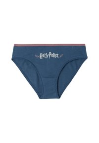 Blaue Baumwoll-Damenunterwäsche mit einem kontrastierenden pinkfarbenen Taillenbund, auf der Vorderseite mit dem Schriftzug "Harry Potter" in einer weißen, stilisierten Schriftart.