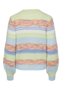 Pull en tricot avec des rayures horizontales en vert pastel, bleu, blanc et nuances multicolores orange-rose, vu de dos.