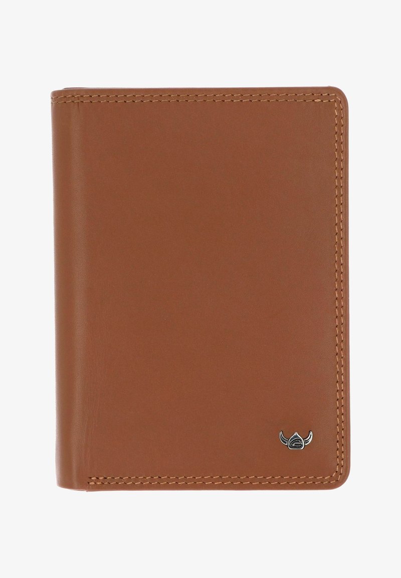 Portefeuille en cuir marron avec coutures visibles et petit emblème en argent représentant un casque viking dans le coin inférieur droit.