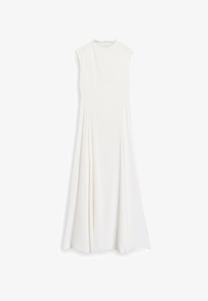 Robe blanche sans manches avec un col montant, de coupe évasée en A, fabriquée en tissu lisse, avec des plis subtils pour un détail supplémentaire.