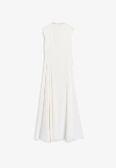 Λευκό αμάνικο φόρεμα με ψηλή κολαούζα, φαρδιά A-line γραμμή, κατασκευασμένο από λείο ύφασμα, με διακριτικές πτυχώσεις για επιπλέον λεπτομέρεια.