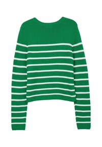 Grüner gestrickter Pullover mit weißen horizontalen Streifen, rundem Ausschnitt, langen Ärmeln und einer verkürzten Passform. Verfügt über seitliche Schlitze am Saum.