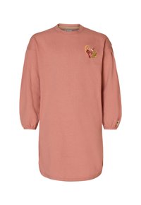 Rosa Sweatshirtkleid mit langen Ärmeln und rundem Ausschnitt, das mit einer gestickten Blumenmotif und Knopfdetails an den Ärmeln verziert ist. Weicher Stoff.