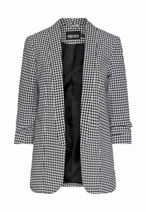 Svart-vit houndstooth-mönstrad kavaj med slagkrage, öppen fram, och trekvartsärmar; slät innerfoder.