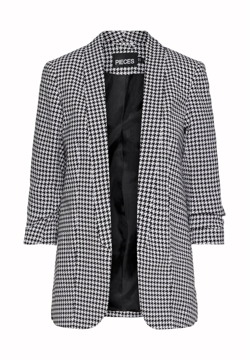 Svart-vit houndstooth-mönstrad kavaj med slagkrage, öppen fram, och trekvartsärmar; slät innerfoder.