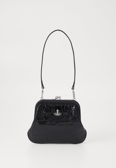 Black handbag with a glossy crocodile texture, rectangular shape, metal clasp closure, and a thin shoulder strap. Silver hardware accents.