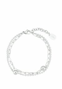 Bracciale in argento con catene alternate a perline e a forma di graffetta, con due accenti sferici e un gancio, contrassegnato da un'etichetta.