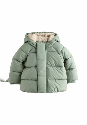 Veste matelassée vert clair pour tout-petit avec capuche et doublure en polaire beige douce, manches longues et fermeture éclair frontale avec rabat.