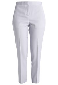 Light grey tailored trousers with a slim fit, featuring side pockets and a smooth texture. Designed with belt loops and a flat front.