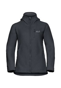 Schwarze Fleecejacke mit strukturierten Oberflächen, einem Reißverschluss vorne und einer verstellbaren Kapuze. Verfügt über zwei Seitentaschen und eine Brusttasche.
