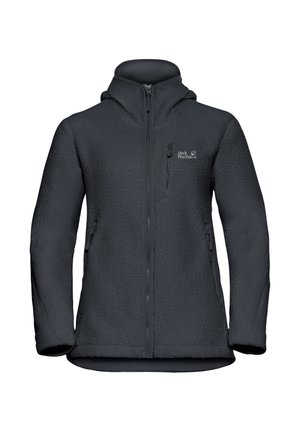 Giacca in pile nera con superficie testurizzata, chiusura frontale con zip e cappuccio regolabile. Presenta due tasche laterali e una tasca sul petto.
