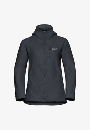 Giacca in pile nera con superficie testurizzata, chiusura frontale con zip e cappuccio regolabile. Presenta due tasche laterali e una tasca sul petto.
