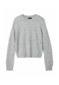 Sweater gris, court, fabriqué en matériau doux avec des manches longues et un col côtelé. Présente un design décontracté avec une texture lisse.