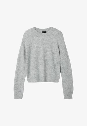 Grå, kort sweatshirt lavet af blødt materiale med lange ærmer og ribbet halsudskæring. Har et afslappet design med en glat tekstur.
