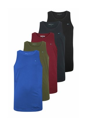 Vijf effen mouwloze tanktops in blauw, olijfgroen, bordeaux, donkergrijs en zwart, gerangschikt in een wisselende rij.
