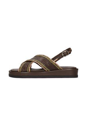 Bruine gevlochten leren sandaal met gekruiste bandjes, groene en beige randafwerking, verstelbare enkelband en platte gevoerde zool.