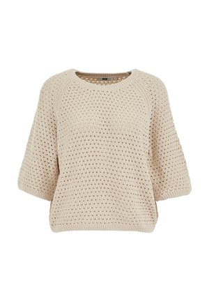 Béžový pletený sveter s krátkymi rukávmi, okrúhlym výstrihom a vzorom s priehľadnými prvkami, voľný strih a rebrovaný lem a manžety.