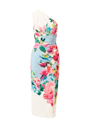 One-Shoulder-Midikleid mit pastellblauer Basis und großem, lebendigem pink-rotem und grünem Blumenmuster, mit Seitenschlitz und figurbetonter Silhouette.