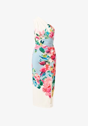 One-shoulder midi-kjole med pastelblå bund og stort, levende blomsterprint i pink, rød og grøn, med sidesplit og figursyet silhuet.