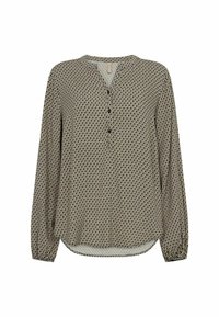 Langärmlige Bluse in Hellbeige mit schwarzem geometrischem Muster. Mit einem V-Ausschnitt und drei schwarzen Knopfakzenten vorne.