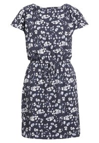 Květinové šaty v námořnické modři s krátkými rukávy, nařaseným pasem a detailem se šňůrkou. Obsahují bílé květy a jemnou strukturu.