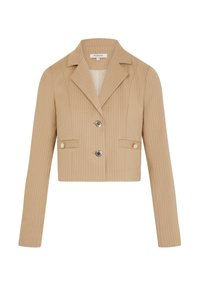 Geperkt beige jasje met verticale witte strepen, notch revers, twee voorzakken en zilveren knopen met contrasterende zwarte accenten. Gladde textuur.