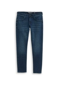 Wąskie jeansy z denimu w ciemnym niebieskim kolorze, z klasycznym pięciokieszeniowym krojem, subtelnymi przetarciami na przodzie oraz gładką fakturą.