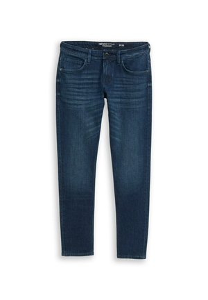 Tume sinist värvi kitsad teksapüksid, millel on klassikaline viie tasku disain, esiküljel peened triibud ja sile tekstuur.