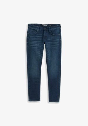 Tume sinist värvi kitsad teksapüksid, millel on klassikaline viie tasku disain, esiküljel peened triibud ja sile tekstuur.