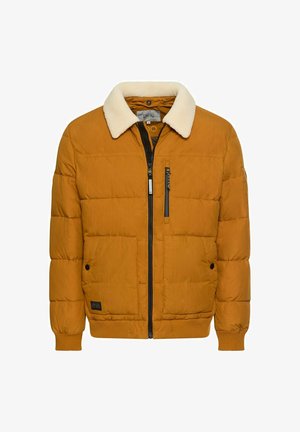 Senfgelben Pufferjacke mit einem krämfarbene Kunstfellkragen, horizontal gestepptem Design, schwarzem Reißverschluss vorne und zwei großen Fronttaschen.