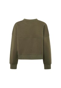 Sudadera recortada en verde oliva con mangas largas, cuello redondo y dobladillo acanalado. Textura suave con detalles de costura visibles.