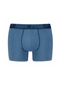 Herrens kalsonger i en blå melerad tyg med ett mörkblått elastiskt midjeband som har PUMA-logotypen. Platta sömmar och en figurnära design.