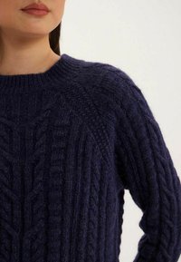 Pull en maille torsadée marine avec des motifs texturés, un col côtelé et des variations subtiles d'épaisseur de fil. Matière douce et confortable en mélange de laine.