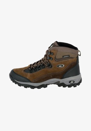 Brauner Wanderschuh aus Wildleder und synthetischen Materialien, mittelhohe Gestaltung, verstärkte Zehenkappe, Metallösen und strukturierte Gummisohle.