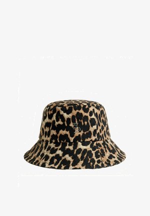 Bucket klobúk s leopardím vzorom, širokou krempou a jemným detailom hviezdy z flitrov vpredu, vyrobený z textúrovanej tkaniny.