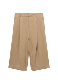 Pantalon culotte beige à coupe décontractée, avec un devant plat, des plis et des jambes larges, fabriqué en tissu léger.