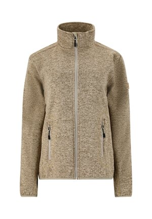 Ljusbrun fleecejacka med hög krage, framdragkedja och två sidofickor. Har texturerat tyg och kontrasterande dragkedjor.