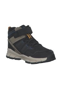 Black and gray mid-top shoe with Velcro straps, textured material, blue and orange accents, and a cushioned sole for support.