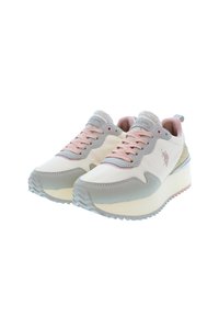 Light pink and gray sneakers with a textured mesh tongue, padded collar, and a thick white platform sole. Logo detail on the side.