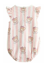 Une combinaison rayée rose avec des visages de ours en cartoon portant des nœuds et le texte "J'aime mon PAPA", fabriquée en tissu doux avec des manches à volants et une fermeture à boutons.