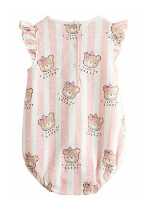 Rosa gestreifter Jumpsuit mit Cartoon-Bärenköpfen und Schleifen sowie dem Text "Ich liebe meinen PAPA". Hergestellt aus weichem Stoff, mit Rüschensäumen und Knopfverschluss.