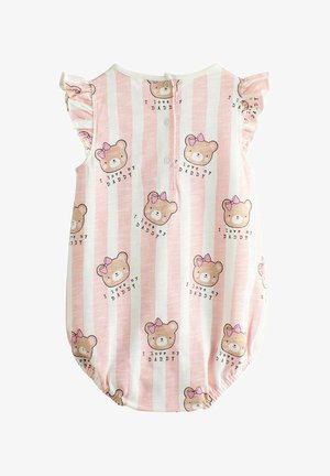 Romper a righe rosa con facce di orsetti cartoon e fiocchi, con la scritta "Amo il mio PAPA'", realizzato in tessuto morbido, con maniche a balze e chiusura con bottoni.