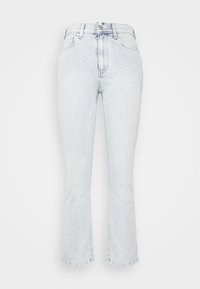 Jeans de ganga de lavagem clara com cintura alta, ligeiro alargamento nos tornozelos e design clássico de cinco bolsos. Detalhes desgastados perto dos bolsos.