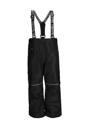Czarne wodoodporne spodnie narciarskie z regulowanymi szelkami na ramiona, bocznymi kieszeniami, odblaskowymi elementami i luźnym krojem dla komfortu.