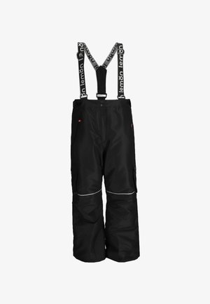 Czarne wodoodporne spodnie narciarskie z regulowanymi szelkami na ramiona, bocznymi kieszeniami, odblaskowymi elementami i luźnym krojem dla komfortu.